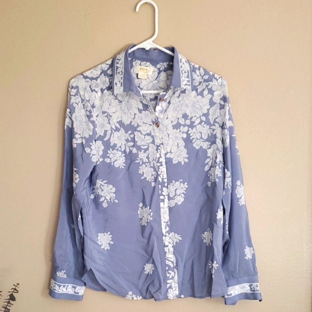 Maeve By Anthropology Light Blue Floral Button Down Shirt